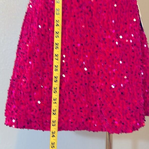 NEW A-line one shoulder sleeveless magenta color mini velvet sequins dress size4 - Picture 7 of 12